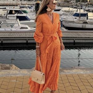 Zara Orange Eyelet Maxi Dress